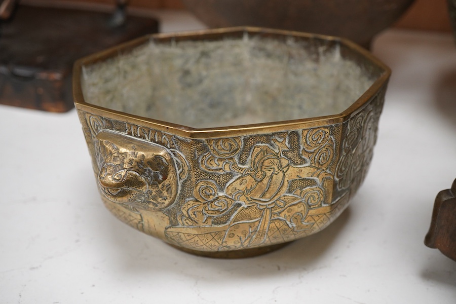 A Chinese bronze bowl, cover and bowl, mustard canister pot, largest bowl 24cm diameter
